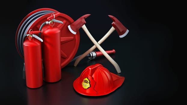 Fireman hat, hose, extinguishers isolated on black background 3D illustration