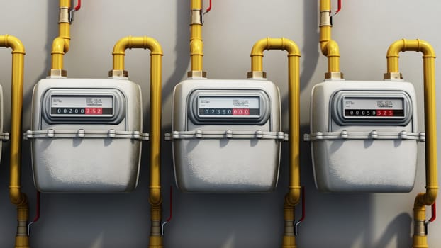 Domestic gas meters in a row. 3D illustration.