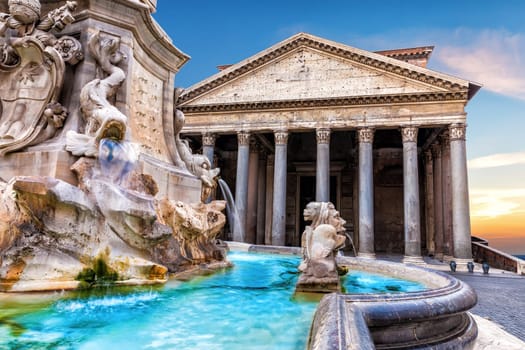 The Fountain with obelisk near the Pantheon, Rotonda Square, Rome, Italy..