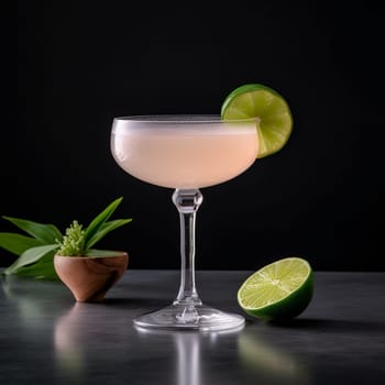 Indulge in the smooth and creamy texture of this classic daiquiri. Served in a short, wide glass with a frosted rim, the light pink-colored drink looks refreshing and inviting. The frothy top of the drink adds to its aesthetic appeal. A thin slice of lime on the rim of the glass provides a pop of green color and a tangy kick to the overall taste.