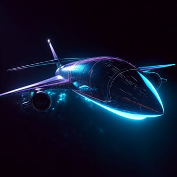 This image depicts a futuristic airplane, with a sleek, aerodynamic design. The airplane is set against a dark, starry sky, with neon lights glowing along its edges and in its engines.