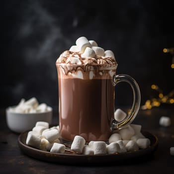 This hot chocolate is rich and decadent, with a velvety smooth texture that is perfect for warming up on a cold day. Served in a tall mug and surrounded by a pile of marshmallows, this drink is both visually appealing and delicious. The aroma is rich and chocolaty with a hint of sweetness, adding to the overall sensory experience. Topped with a dollop of whipped cream and a sprinkling of cocoa powder, this hot chocolate is the ultimate treat.