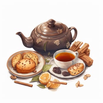 Savor the nutty and slightly sweet taste of Mugicha tea, a popular tea in Japan and Korea made from roasted barley. This tea has a warm and toasty aroma. In this image, a teapot filled with Mugicha tea is shown on a table, surrounded by a plate of sweet pastries, making for a perfect combination of flavors. The tea is served hot and garnished with a sprinkle of cinnamon or a drizzle of honey, adding a beautiful touch to the overall presentation.