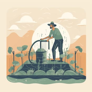 This image depicts a farmer using rainwater harvesting to irrigate crops. It highlights the potential of this technology to reduce water usage in agriculture and promote sustainable farming practices. Water is a critical resource for agriculture, and farmers are facing increasing challenges due to water scarcity and drought. Rainwater harvesting is an innovative technology that can help to reduce water usage in agriculture by capturing and storing rainwater for later use. By promoting the use of rainwater harvesting in agriculture, this image encourages viewers to take action to promote sustainable farming practices and protect water resources. This image represents the potential for technology to create positive change and promote environmental stewardship in agriculture.