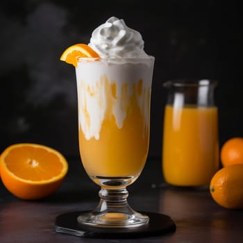 Indulge in a refreshing and creamy drink, served in a clear glass topped with whipped cream and a straw. The aroma is citrusy and refreshing, with a hint of creamy sweetness. The drink is made with a blend of fresh oranges, milk, vanilla, and ice, all mixed together to create a smooth and frothy texture that will make your taste buds dance. The whipped cream and straw add a playful touch to the overall presentation, making this drink perfect for any occasion that calls for a touch of whimsy.