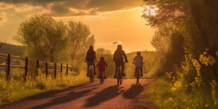 Happy family cycling along a scenic trail, with the golden sun setting behind them. Generative AI.