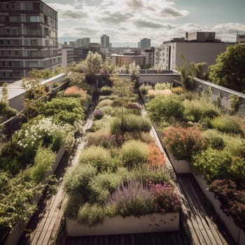 This image captures the beauty and functionality of urban gardening practices. It shows a garden growing on the rooftop of a city building, filled with fragrant herbs like sage, mint, and lavender. The image conveys a sense of natural beauty and serenity amidst the hustle and bustle of the city, highlighting the benefits of incorporating green spaces into urban environments.