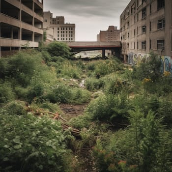 This image captures the resilience and perseverance of urban gardening. It shows a garden growing in the midst of a partially destroyed urban area, filled with plants that thrive in harsh conditions. The image conveys a sense of hope and determination in the face of adversity, highlighting the power of nature to heal and rejuvenate even in the most challenging of environments.