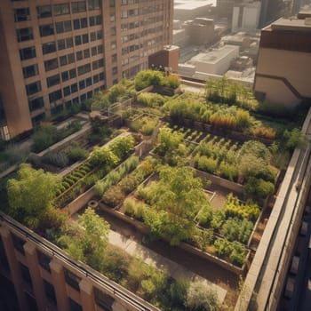 This image captures the beauty and functionality of urban gardening practices. It shows a garden growing on the rooftop of a city building, filled with fragrant herbs like sage, mint, and lavender. The image conveys a sense of natural beauty and serenity amidst the hustle and bustle of the city, highlighting the benefits of incorporating green spaces into urban environments.