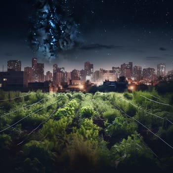This image captures the connection between urban farming and sustainability, and the potential for urban living to reduce our impact on the environment. It shows an urban farm located in a remote, sparsely populated area, with a clear view of the night sky. The image conveys a sense of wonder and awe at the natural world, highlighting the importance of preserving our environment and living sustainably.