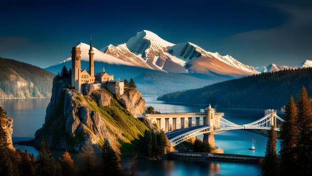 The nice castal in the mountain and nice river - ai generated
