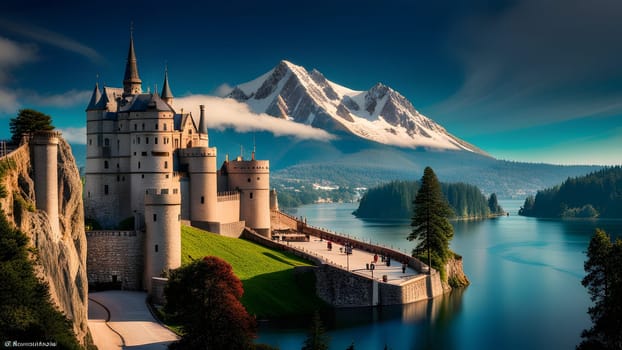 The nice castal in the mountain and nice river - ai generated