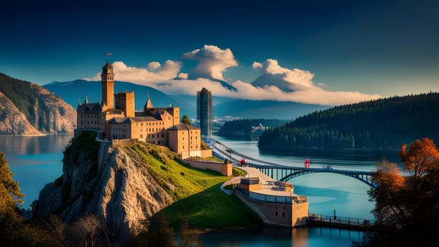 The nice castal in the mountain and nice river - ai generated