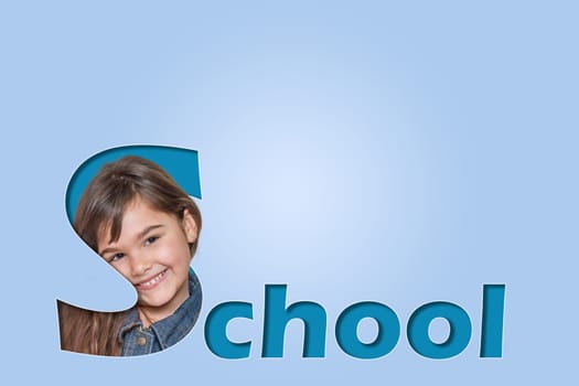 Letter Portrait  Effect. The inscription School with a portrait of a tanned little girl in the first letter.  There is enough free space for your text on the photo.
