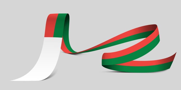 3D illustration. Flag of Madagascar on a fabric ribbon background.