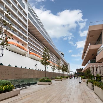 Istanbul, Turkey - May 5, 2023: MSC SPLENDIDA, Large cruise ship docked at terminal of Galataport, a mixed use development located along shore of Bosphorus strait, in Karakoy neighbourhood