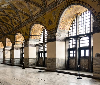Interior of iconic Byzantine architecture Hagia Sophia Mosque, also known as Aya Sofya, a UNESCO World Heritage Site in Istanbul, Turkey, formerly a Greek Orthodox church