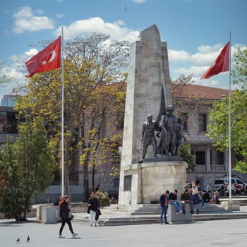 Istanbul, Turkey - May 7, 2023: Barbaros Monument in Barbaros Square, Besiktas district. The monument is a large bronze statue of Barbaros Hayreddin Pasha, a famous Ottoman admiral
