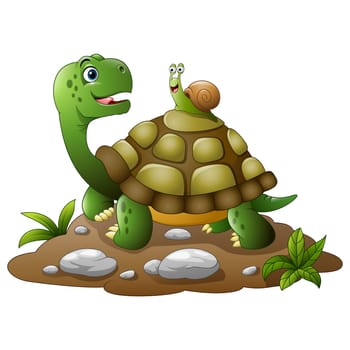 Funny garden snail taking a lift on a turtle's back