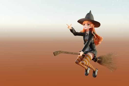 3D illustration. Witch character. Happy halloween  Character concept art. Witch flying on a broomstick
