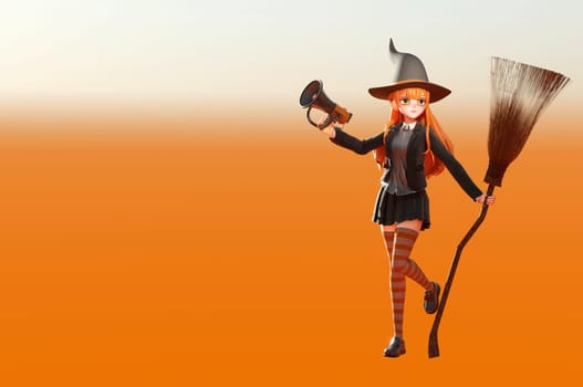 3D illustration. Witch character. Happy halloween  Character concept art. Witch flying on a broomstick