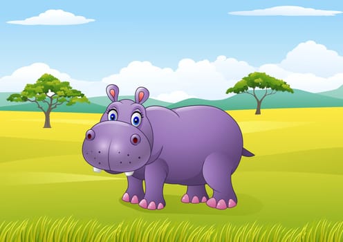 Cartoon funny hippo in the African landscape