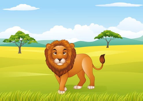 Cartoon lion with African landscape background
