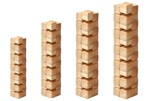 Towers from wooden blocks isolated on a white. Concept of technology, business, construction planning. Copy space. Wood blocks game. Building blocks for children.