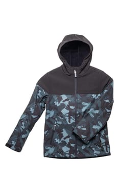 Winter jacket for children. Close-up of children's black warm jacket with hood isolated on white background. Winter fashion. Clipping path. Military style.