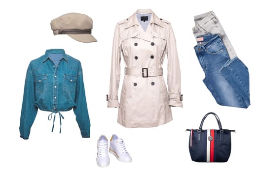 Collage set of girl summer clothes isolated on white. Female woman apparel collection. Women fashion clothing outfit. Coat, jeans, jacket, sneaker and bag.