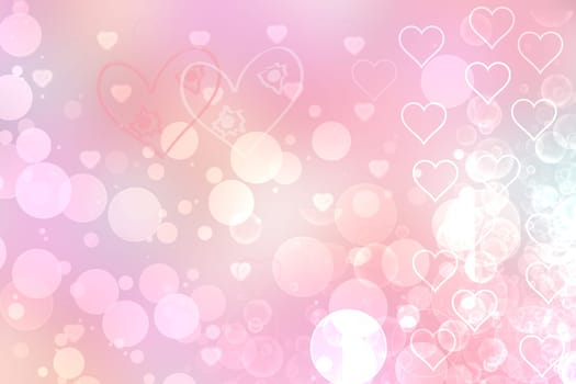 Abstract festive blur light pink pastel background with white pink hearts inside love bokeh for wedding card or Valentine day.  Romantic textured backdrop with space for your design. Card concept.