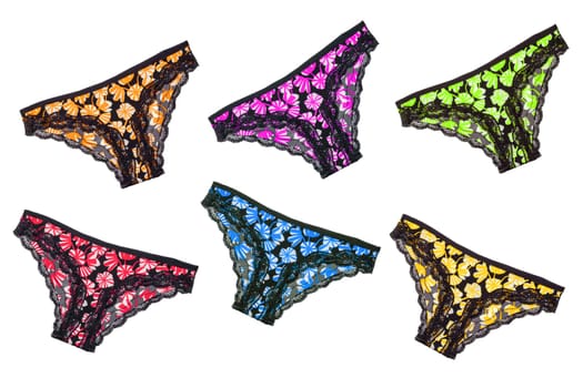 Underwear woman isolated. Collage of different luxurious elegant colorful  lacy thongs panties isolated on a white background. Set of sexy lace lingerie.