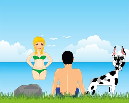 Vector illustration of the coast lake and men and women with dog