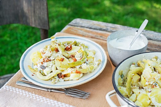 Traditional Slovenian dish with green beans or yellow beans with potatoes, dressing with cracknels and sour cream