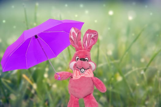 A cute red plush bunny or rabbit with bow tie and pink umbrella over abstract natural background. Easter greeting card decoration element with space for design. Bright plush toy.