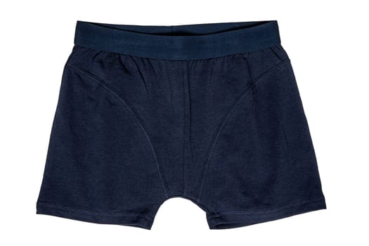 Male underwear isolated. Close-up of dark blue boxer short isolated on a white background. Mens underwear fashion. Clipping path. Short pants. Boys fashion.