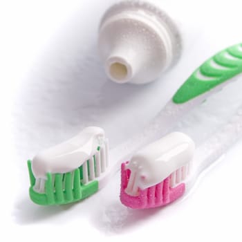 toothpaste and toothbrushes closeup. dental care