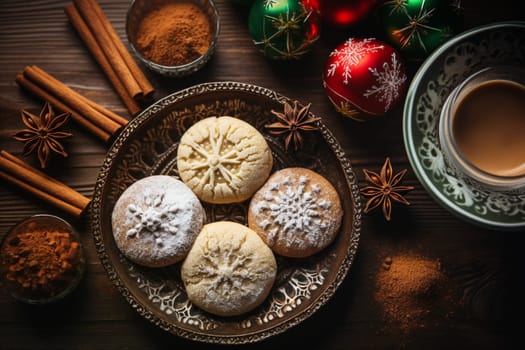 Variety of christmas cookies, sweets with star anise and cinnamon, traditional holiday baking, homemade gingerbread, generative AI