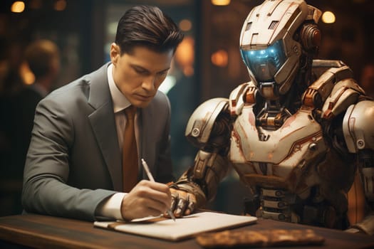 Technology in competition with human resource, businessman manpower against cyborg machine, replacement of worker, generative AI