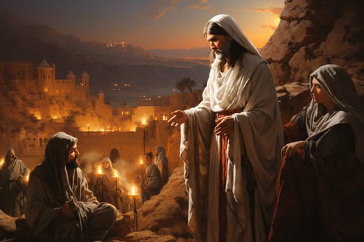 Jesus Christ talking to a group of believers in Jerusalem, religion and faith of christianity, bibical story, generative AI