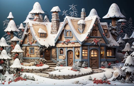 Fairy tale house covered with snow, christmas fir trees, winter holiday season, town at christmas eve, generative AI