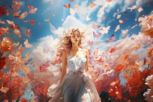 Woman in a dress walking through clouds and pastel colored flowers, self care and mental health concept, positive thinking, creative mind, generative AI
