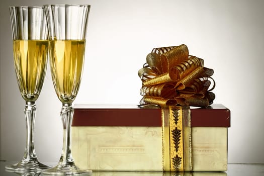 holiday card - golden champagne and gift