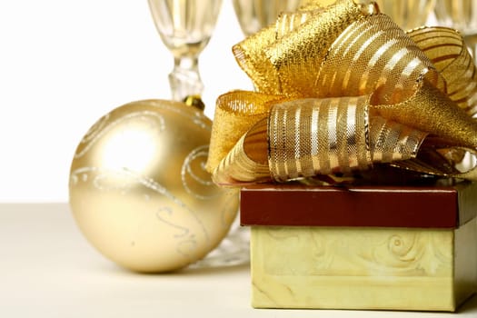 holiday card - golden champagne and gift