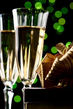 holiday card - golden champagne and gift