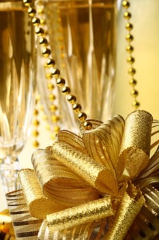 holiday card - golden champagne and gift