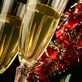 holiday card - golden champagne and gift