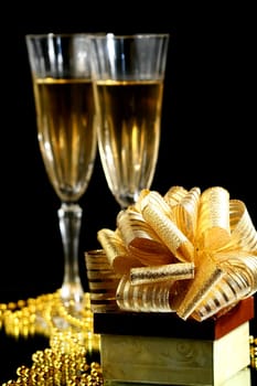 holiday card - golden champagne and gift