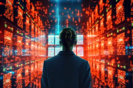 A person standing in front of a large display of data