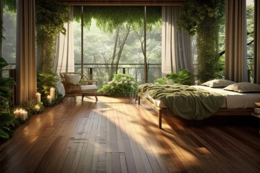 A bedroom with a wooden floor and lots of greenery